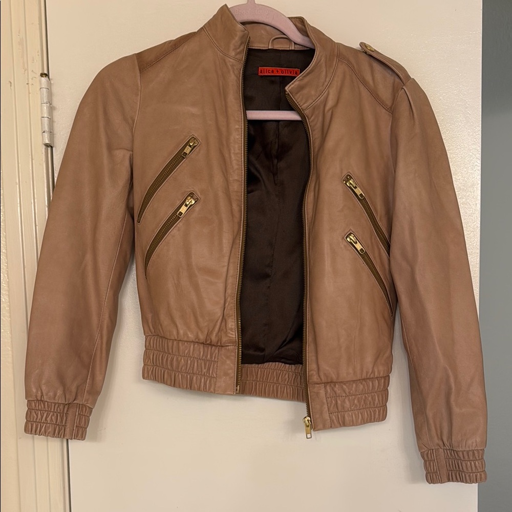 Alice + Olivia Tan Leather Bomber Jacket